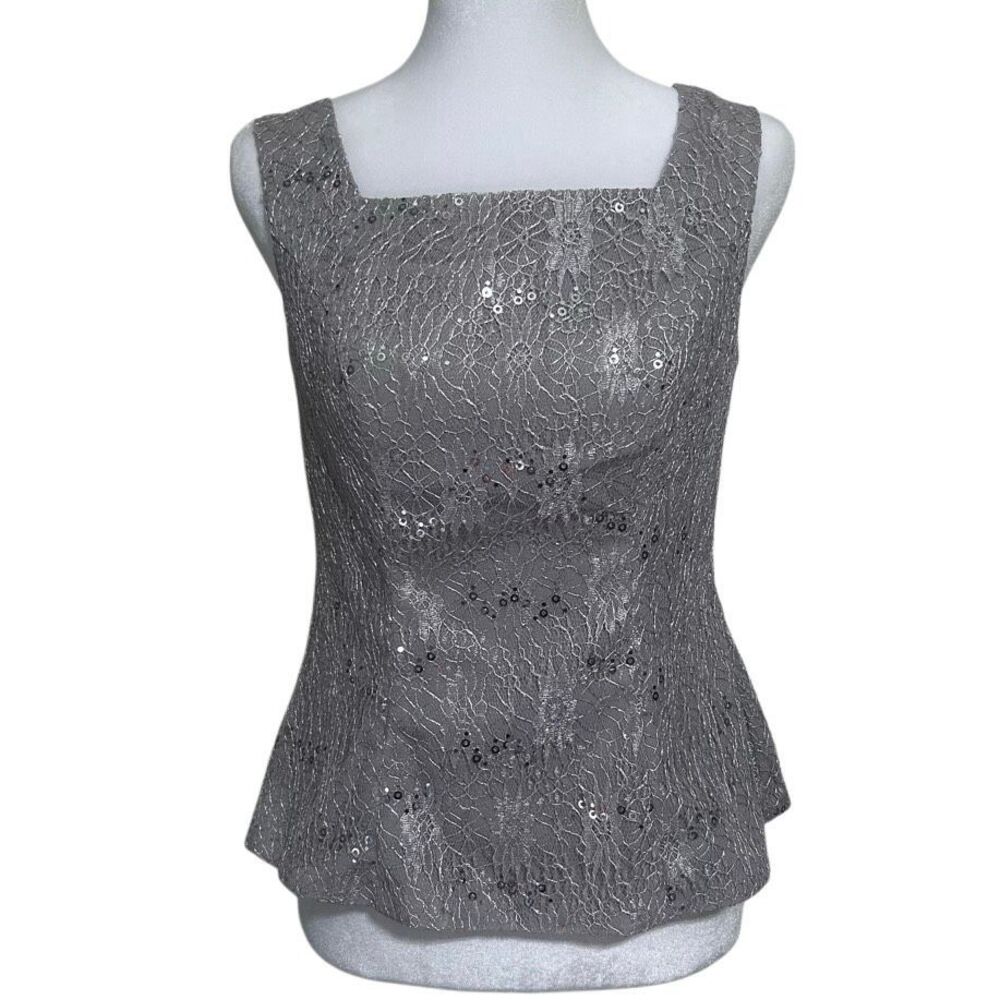 NWOT Formal Pantsuit 3Pc Set Small Gray Silver Sequined Lace Top Jacket & Pants - Picture 8 of 12